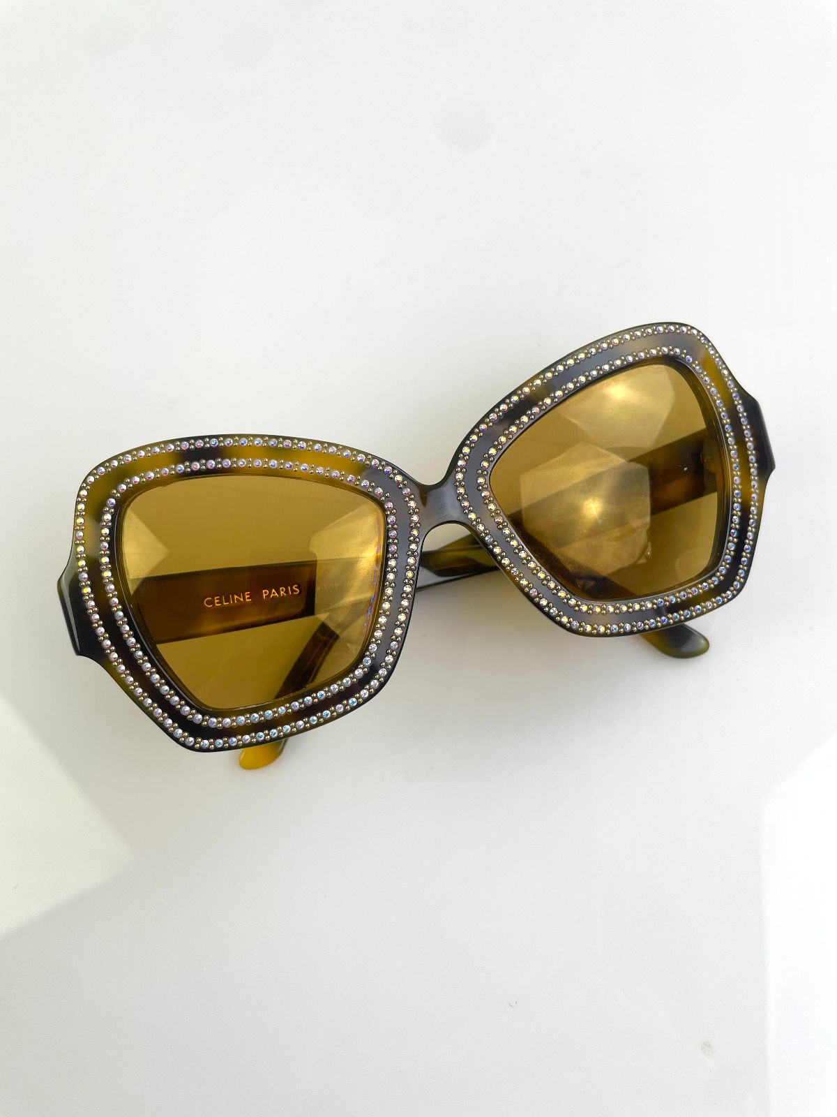 CELINE AMAZING CELINE OVERSIZED BUTTERFLY SUNGLASSES RHINESTONE EDGES - CUSTOM LENSES in BROWN HAVANA