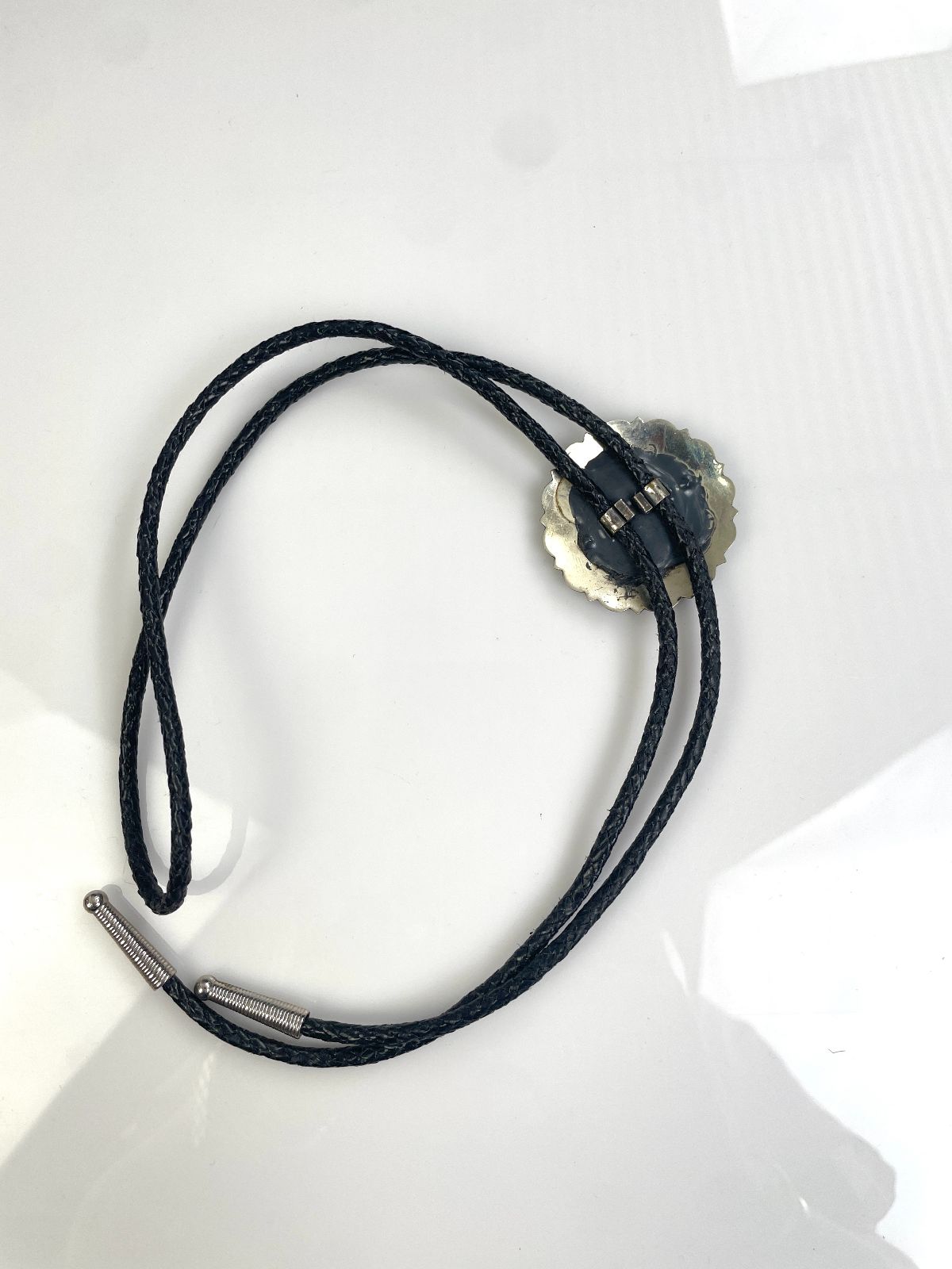 *AS-IS* 925 STERLING SILVER BOLO TIE ORNATE FLORAL DESIGN & BLUE SPINEL STONE in SILVER, BLACK, BLUE