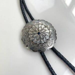 *AS-IS* 925 STERLING SILVER BOLO TIE ORNATE FLORAL DESIGN & BLUE SPINEL STONE in SILVER, BLACK, BLUE